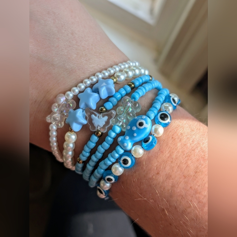 Blue Beaded Bracelet Set Of 6